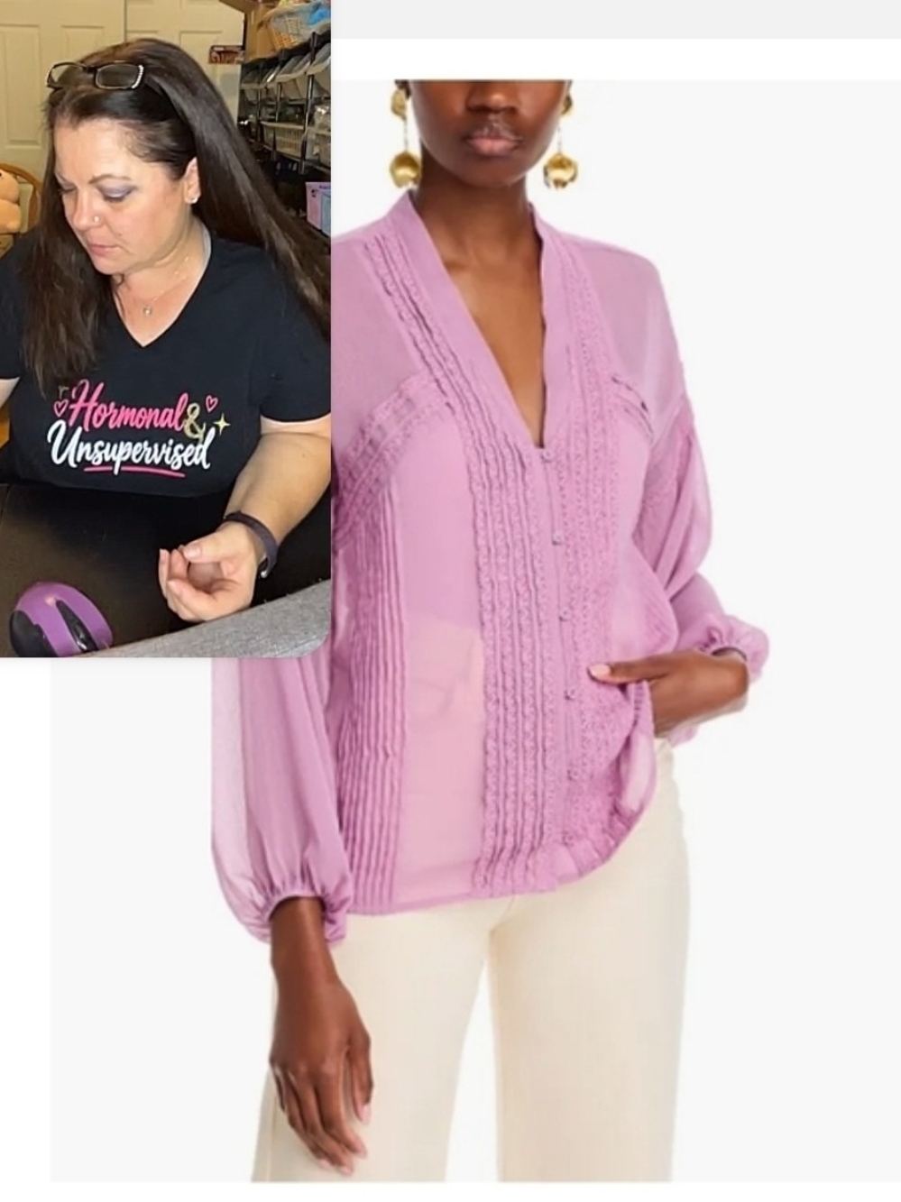 Koko + Mason Women’s Lilac Pintuck V-Neck Peasant Blouse L